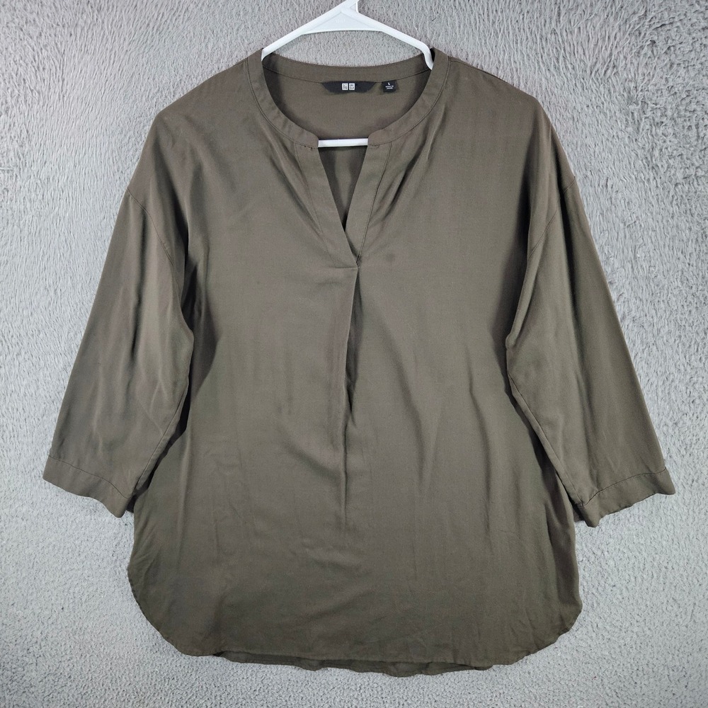 Uniqlo Womens Olive Green Rayon Blend Split Neck 3/4 Sleeve Tunic Blouse Large
